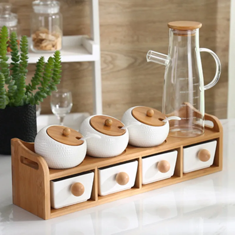 

Kitchen Accessories 1-7pcs/Set Ceramic Seasoning Pot Set Wooden Tray Spice Jar With Wood Lid Seasoning Box Salt Shaker