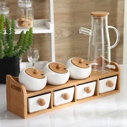 Kitchen Accessories 1-7pcs/Set Ceramic Seasoning Pot Set Wooden Tray Spice Jar With Wood Lid Seasoning Box Salt Shaker