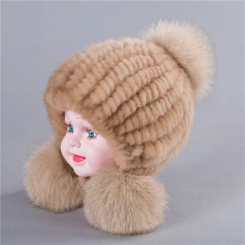 kids winter fur hats cap with pompom Real mink fur hat knitted warm fluffy kids children beanie boy girls caps H76