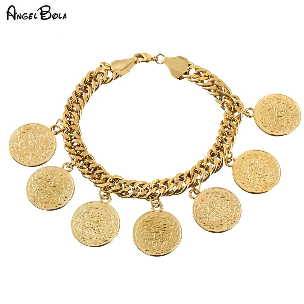 

Arab Allah Jewelry Length 23CM/Turkey Coin Bracelet for Women Gold Color Turks Simgesi Osmanli Turasi Muslim Islam Bangles