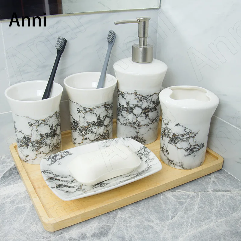 Creativity Marble Texture Bathroom Accessories Set Ceramic Chinese Vintage Ink Painting Decor Five Piece Set Shower Accessories