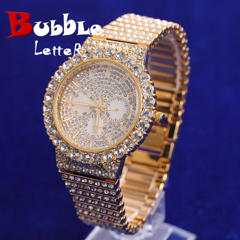 Bubble Letter Proud Watch for Men Big Gold Color Glow In Dark Waterproof Hip Hop Jewelry Relogio Masculio