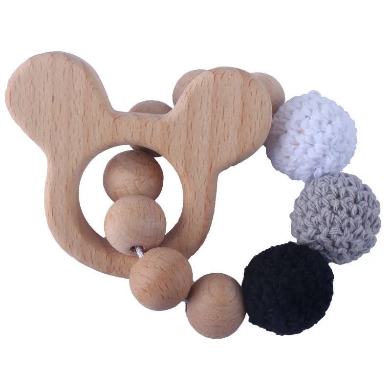 New 1PC Wooden Teether Rabbit Elephant Crochet Beads Wood Crafts Ring Engraved Bead Baby Teether Wooden Toys For Baby Rattle