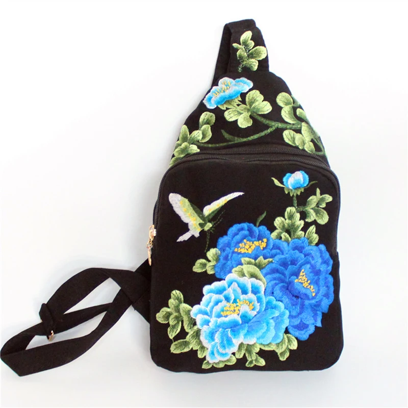 Women Chest Bag Chinese Ethnic Style Hand Embroidery Pretty Flowers Casual Canvas Travel Shoulder Crossbody Bag High Quality