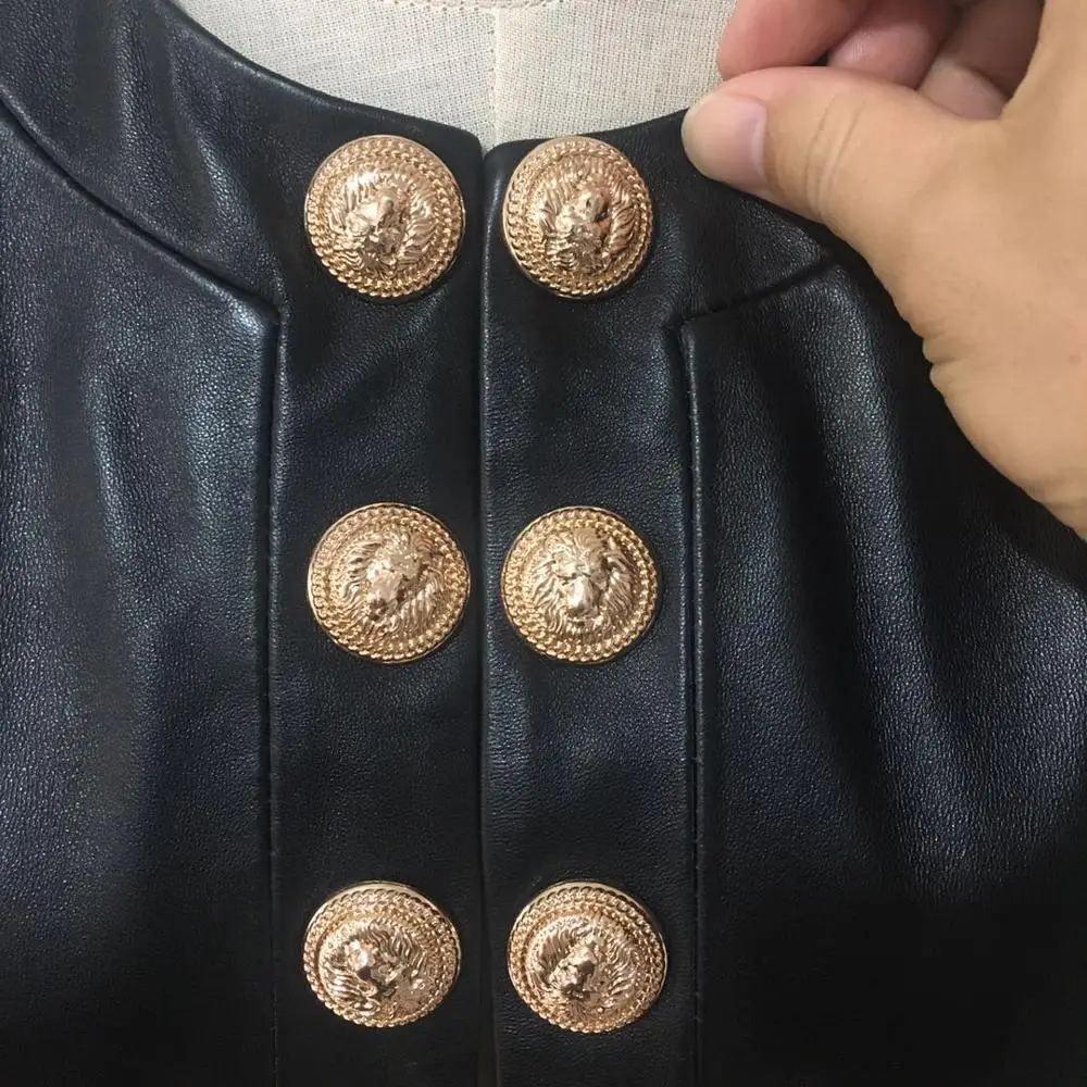 Customized double breasted metal buttons leather jacket female round neck soft real leather coat natural sheep leather tops F919