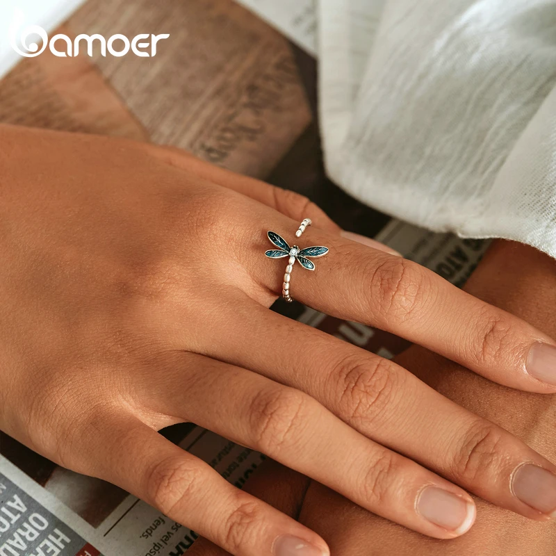 BAMOER Authentic 925 Sterling Silver Vintage Dragonfly Open Ring for Women 2021 New Trendy Fine Jewelry Set Friendship Gift