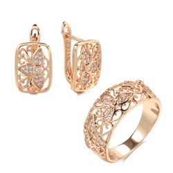 Kinel New 585 Rose Gold Earrings Rings Sets for Women Natural Zircon Flower Ring Vintage Bride Wedding Jewelry Sets Party Gift