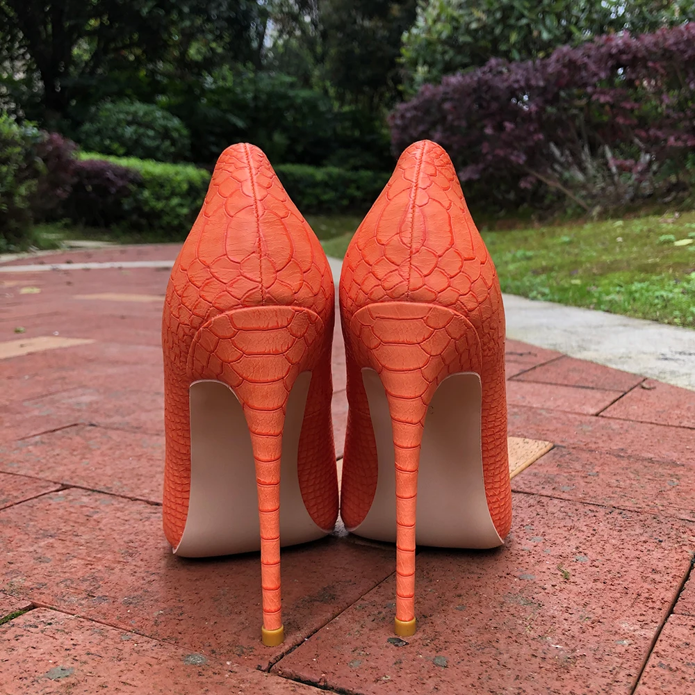 Tikicup Sexy Orange Croc-Effect Women Pointy Toe High Heels 12/10/8cm Slip On Stilettos Pumps Ladies Party Dress Shoes 34-45