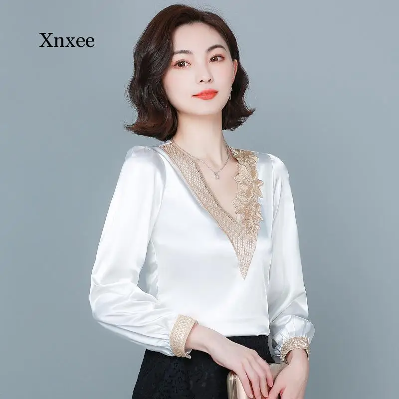 Elegant Sexy Lace Stitching Women Faux Silk Shirt Autumn Satin Bottoming Long Sleeved V-Neck Top Pullover Lady  Blouse