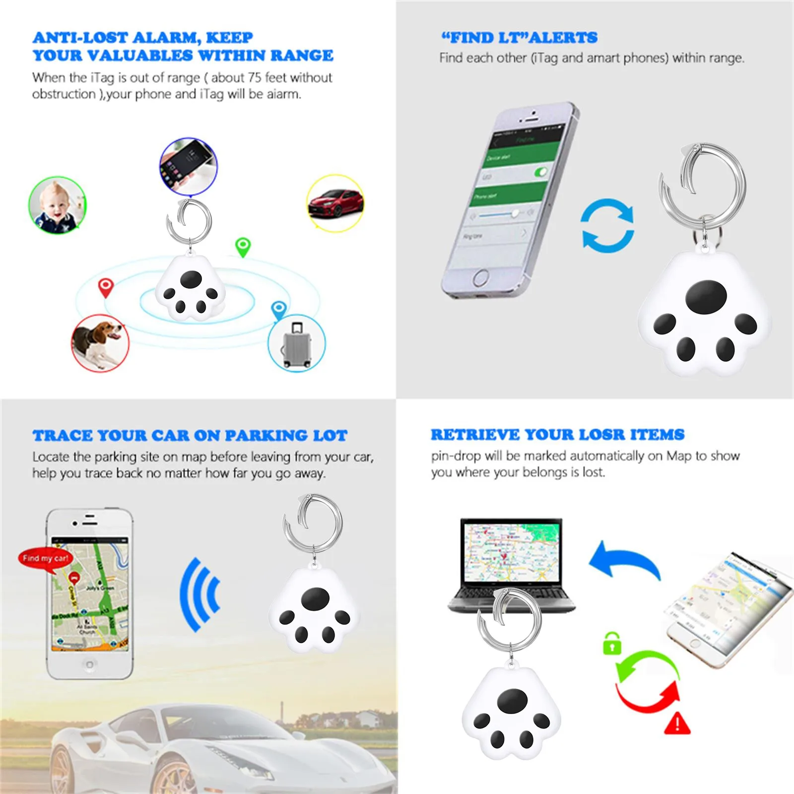 GPS Locator Pet Dog Claw GPS Tracker Waterproof Anti-lost Alarm Bluetooth 4.0 Wireless Child Bag Wallet Key Finder Locator