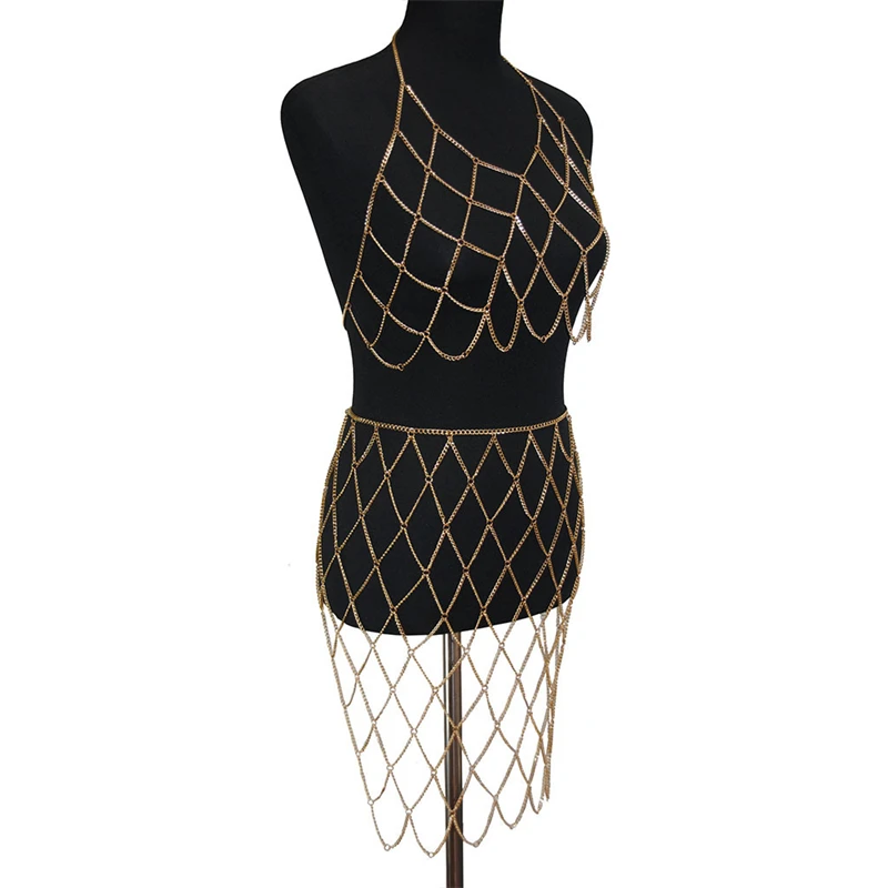 Mode Strand Sexy 2-teiliges Set Frauen Neckholder Crop Top Festival Kleidung Kette Minirock Quaste rückenfrei Vintage Urlaub Outfit – Detail 3