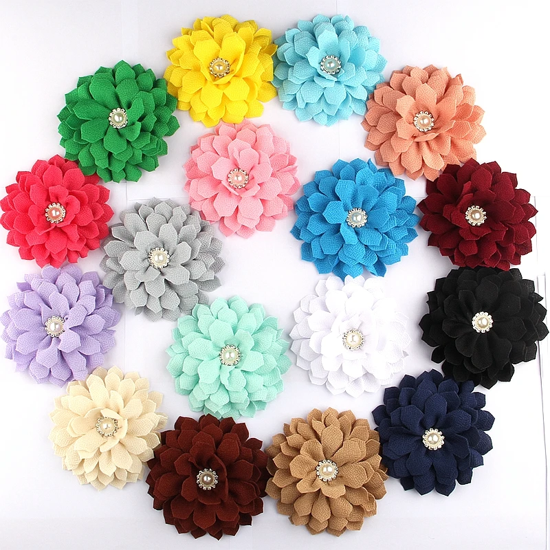 

60PCS 4.2" 10CM Fashion Big High Quality Fabric Flowers With Pearl Rhinestone Center Handmade Flower For Headband Accessories