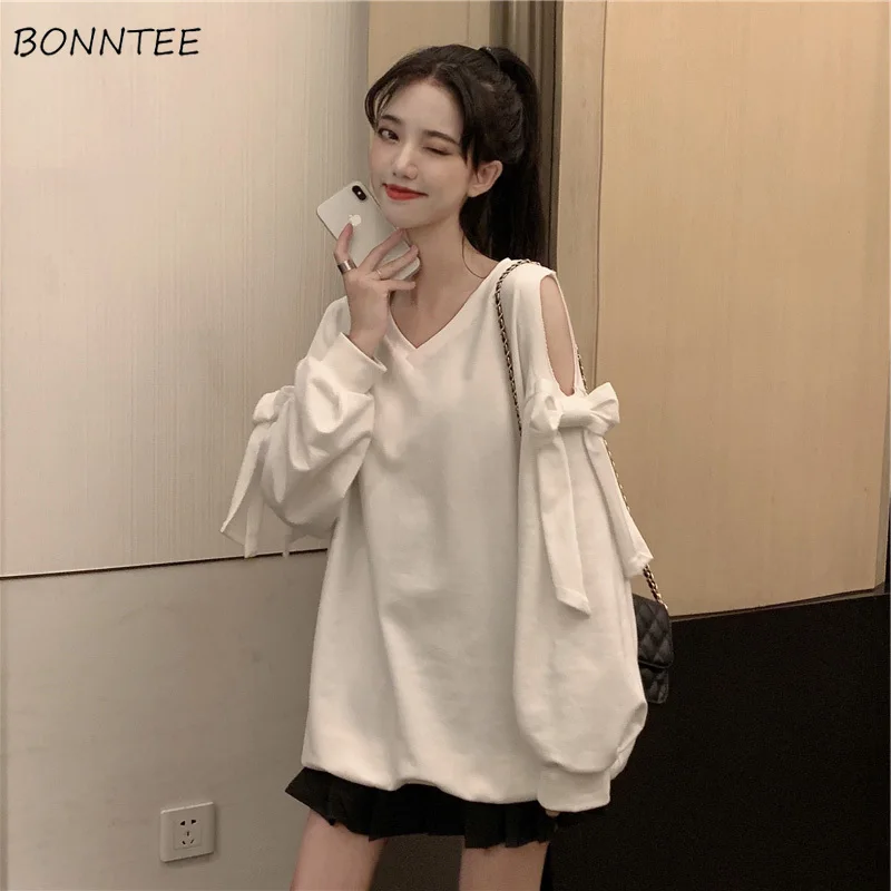 Sweatshirts Women Stylish Off-Shoulder Loose Solid All-match V-Neck Autumn New Arrival Korean Version Design Streetwear Vintage