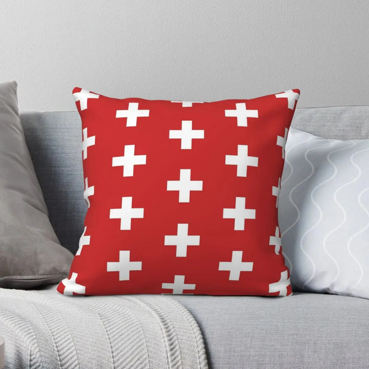 Swiss Cross Pattern Square Pillowcase Polyester Linen Velvet Printed Zip Decor Pillow Case Home Cushion Cover