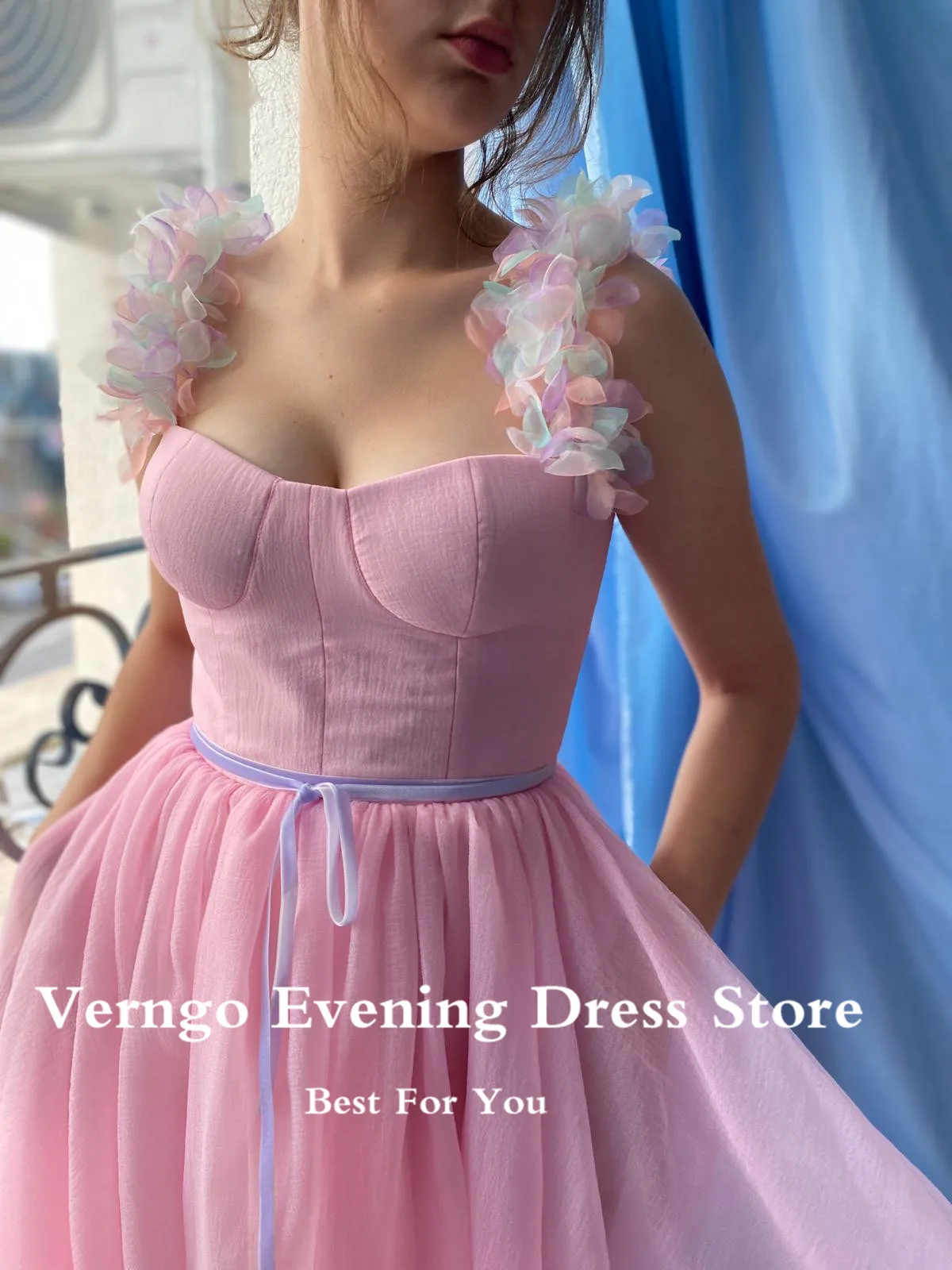 Verngo – robe de soirée en Organza rose doux, longue, bretelles à fleurs, ceinture en velours, longueur au sol, avec poches, 2021