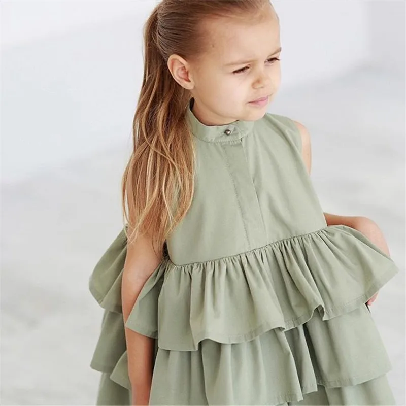 Summer Cute Black Green Ball Gown Girls Dresses Kid Girl Party Dress Sleeveless O Neck Cake Ruffled Tutu Bubble Dress 2-6 Years