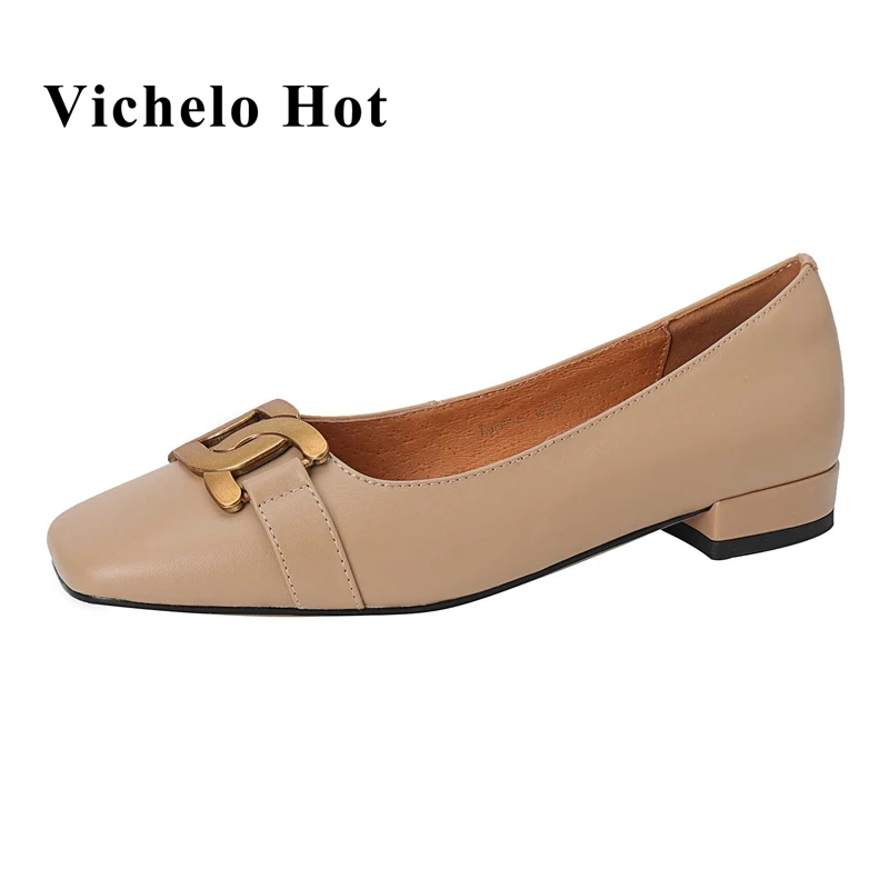 

Vichelo Hot genuine leather square toe low heel metal decorations retro fashion beauty lady casual shallow cozy women pumps L15