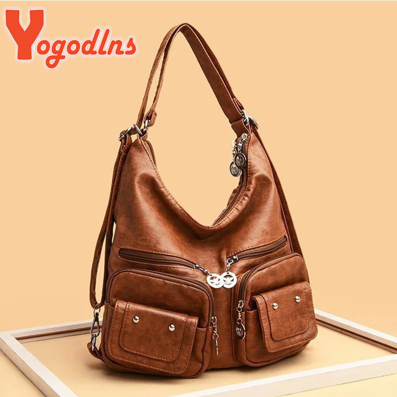 Yogodlns Retro Leather Shoulder Bag Female Multi-pockets Crossbody Bag Fashion Large Capacity Handbag New Messenger Bag Tote sac