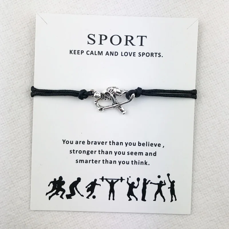 Tibetan Silver Hockey Athlete Connection Charms Cuff Multilayer Wax Rope Sports Bracelets Women Men With Card Bracelet Jewelry