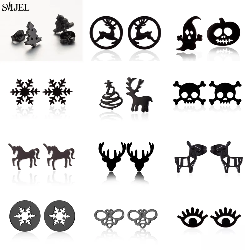 SMJEL Stainless Steel Snowflake Stud Earrings for Girls Silver Color Small Deer Tree Christmas Earrings Brincos Wholesale Gifts