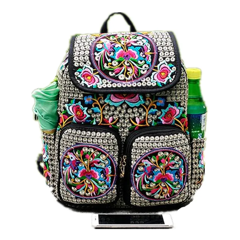 Floral Embroidered Casual Canvas Women Backpacks Girls Ethnic Schoolbags Ladies Vintage Rucksack Multi Pockets Flap Travel Bags