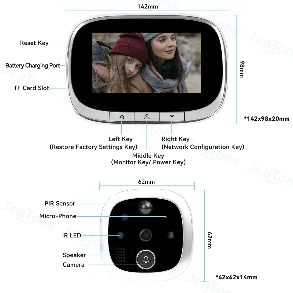 Jeatone Mini 4.3Inch LCD Screen Indoor Camera Tuya Smart Digital Door Peepholes Wifi Camera 120° Wide Angle PIR Motion Detection