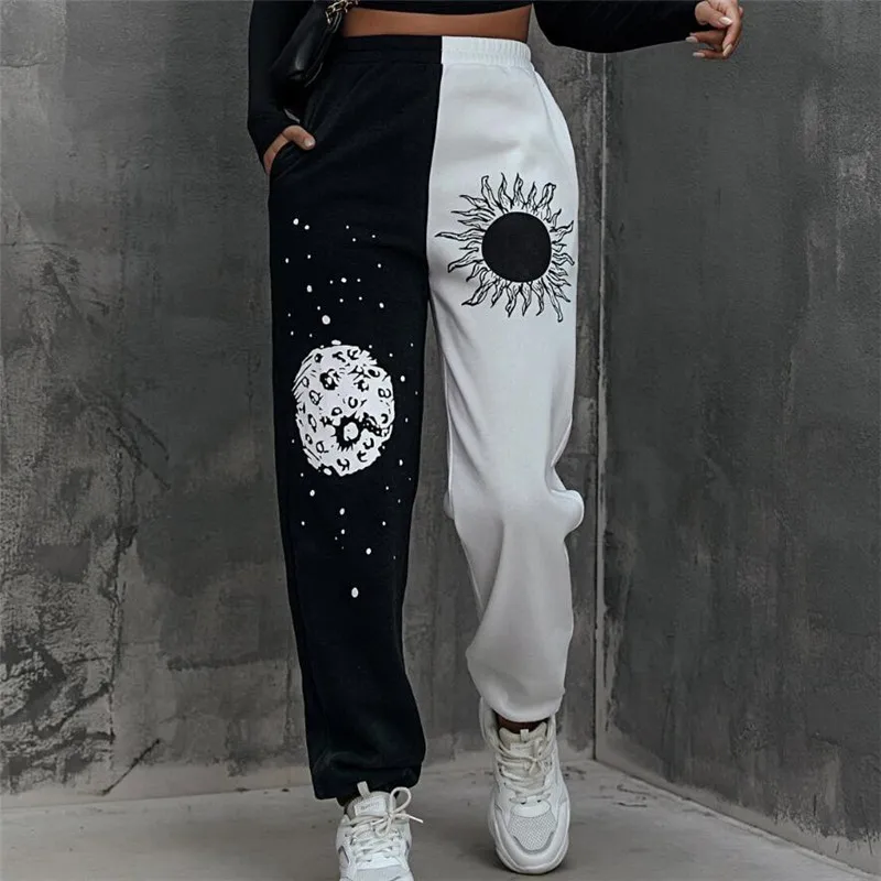 Women's Clothing 2021 Autumn And Winter Pants Harajuku Elastic Waist Pocket Side Sun Moon Graphic Print Colorblock Punk Trousers