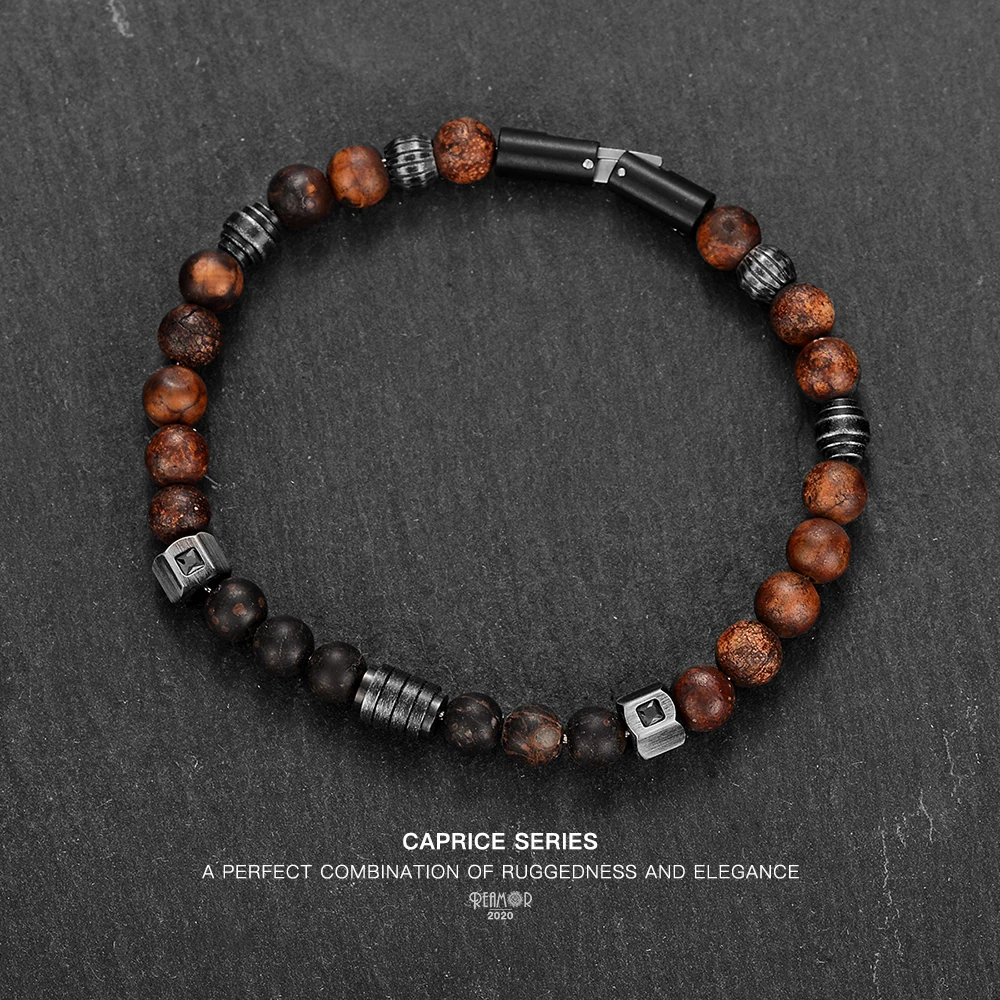 REAMOR Retro Men Bracelets Bangle Weathered Onyx Natural Stone Bracelets For Women DIY Detachable Stainless Steel Chain Bracelet