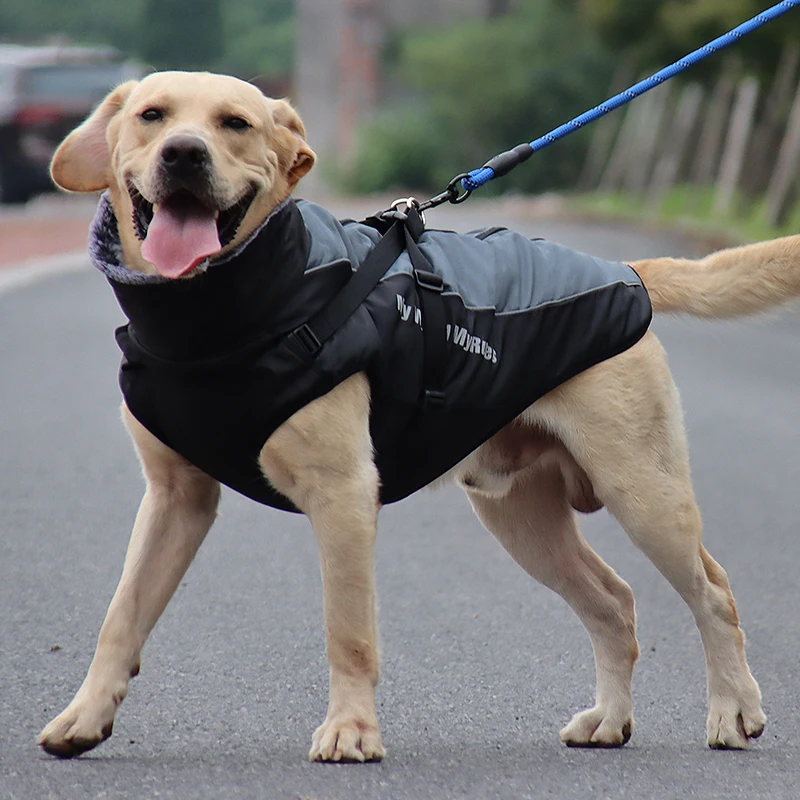 Winter wasserdichter Hundemantel, warme Haustier-Pelzkragenjacke mit abnehmbarem Geschirr, große Hundekleidung, Bulldoggen-Outfit, Labrador-Kostüme – Detail 18