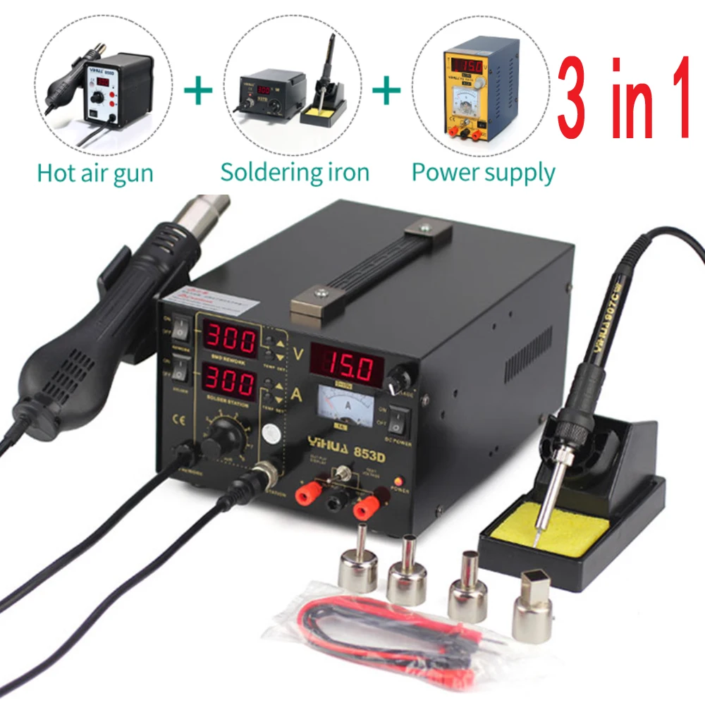 

YIHUA 853D 1A BGA Soldering Iron Station With Hot Air Gun Rework Station DC Power Supply 3 In 1 SMD Soldering Tool