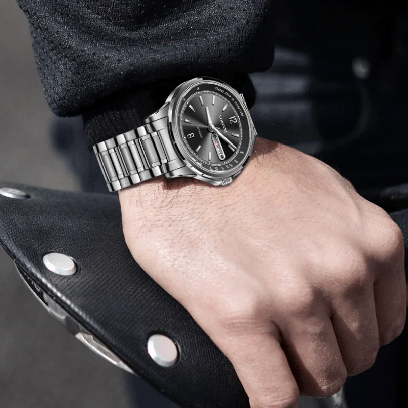 Robinni-男性用高級自動巻き時計,ステンレススチール,シルバー,機械式,発光,日付,ビジネス,スポーツ,時計