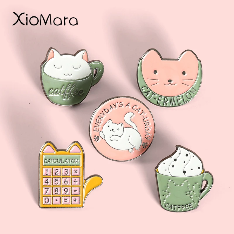 Cartoon Cup Cat Enamel Pins Badge Calculator Ice Cream Coffee Cat  Brooches Cute Animal Lapel Bag For Womens Anime Jewelry Gifts