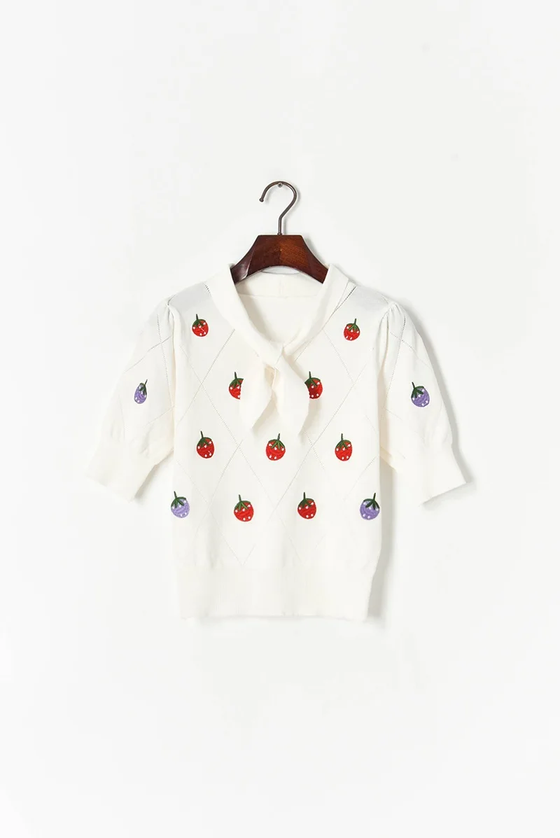 

2021 Summer Free Shipping Sweater Lapel Neck Short Sleeve Embroidery Fashion White Blue Womens Clothes XIAO