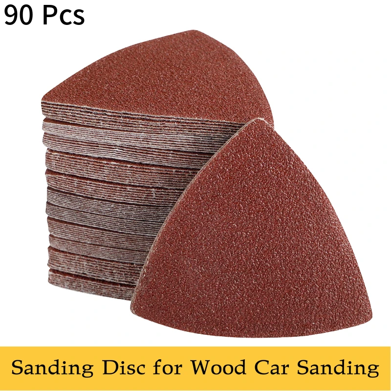 90pcs 80*80MM Triangular Oscillating Sanding Pads 3-1/8 Inch Multi Tool Hook & Loop Sandpaper Sanding Disc for Wood Car Sanding