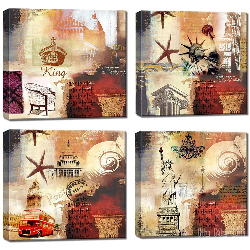 Abstract Vintage Wall Art Canvas Paintings Big Ben Red Bus Artwork For Living Room Kitchen Dining Room Office Bar Cafe Decor