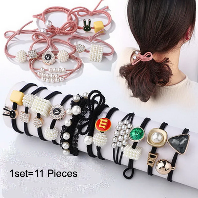 

1set Women Hair Rubber Bands Pearl Hair Tie Girl Elastic Black HairBands Rabbit Ponytail Rope Simple Scrunchie Headband Headwear