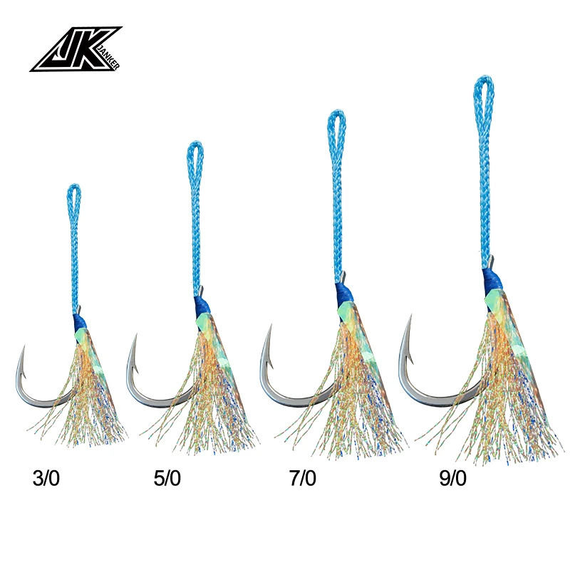 JK 3/0~9/0 fish hook Fishing Cast Jigs Assist Hook Barbed Single Jig Hooks Thread Feather Pesca lure fishing tackle fishhook