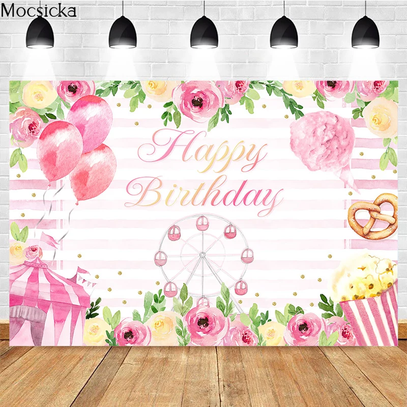 

Mocsicka Happy Birthday Photography Background Ferris Wheel Balloon Decoration Baby Shower Studio Photo Backdrop Banner