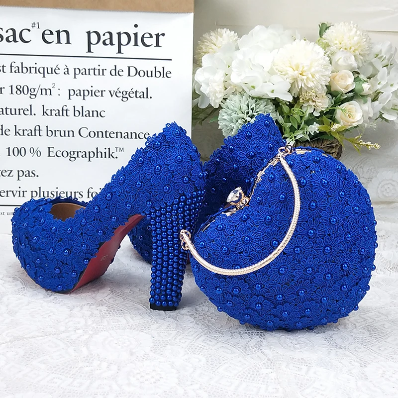 BaoYaFang Royal Blue Flower Wedding shoes and bags sets Ladies Platform shoes woman High heel shoes Thick Heel heart purse