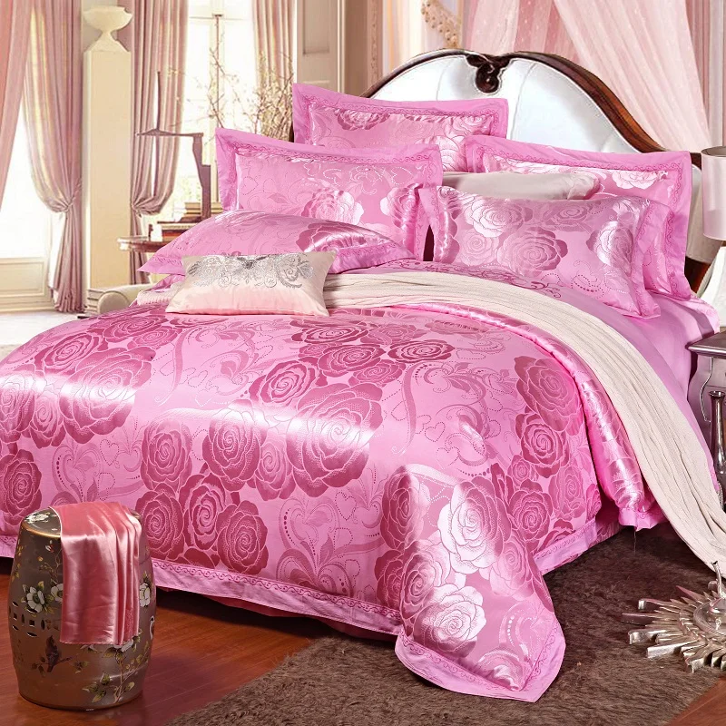 

100% New Luxury 4pcs Bedding Set Xinxinxiangyin Pink Cotton Satin Jacquard Duvet Cover Set Available In Queen Size And King Size