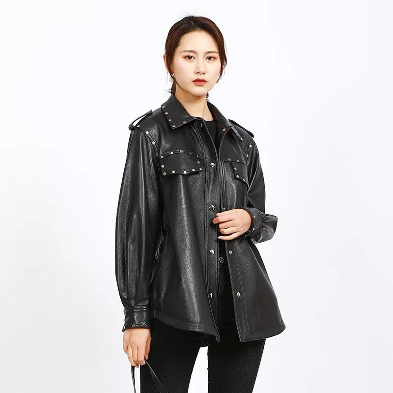 Women Autumn Motorcycle Genuine Leather Jacket Punk Rivets Belt Single Breasted Sheepskin Coat High Quality Female Outerwear New