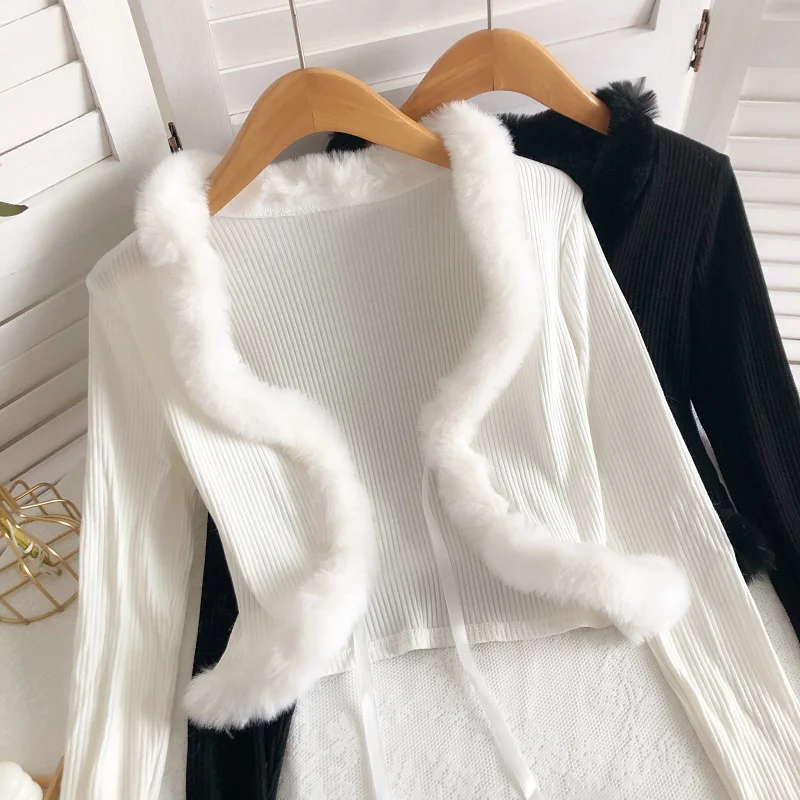 Nomikuma Fashion Fur Patchwork Women Shirts Sexy Crop Top Blouse Cardigan 2023 Autumn New Bow Tie Korean Blusas 6V369
