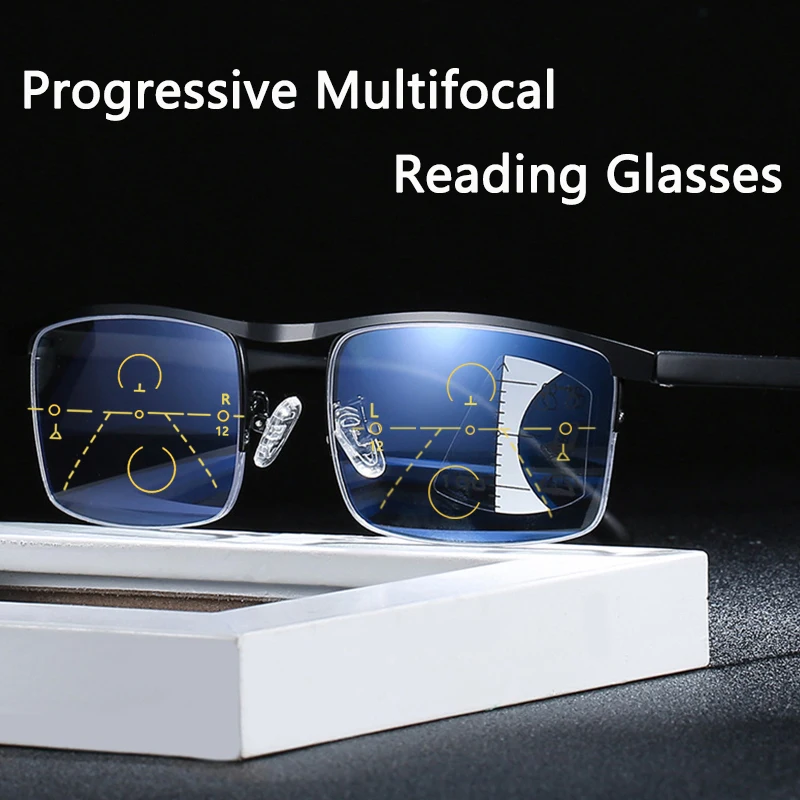 

Metal Progressive Multifocal Reading Glasses Men Bifocal Clear Anti Blue Ray Presbyopic Glasses Fashion Square Rim Black +150