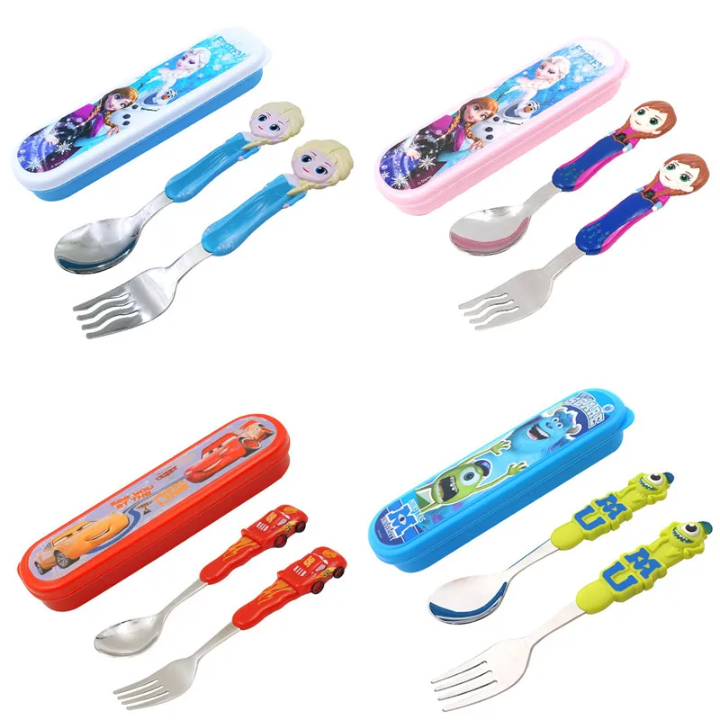 Disney Mickey Minnie Spoon Fork Set Frozen Princess 3D Stainless Steel Training spoon kids fork Portable Tableware for baby