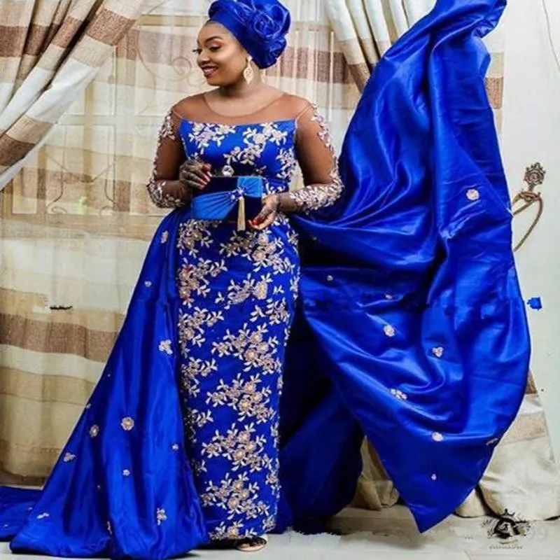 Robe de soirée nigériane bleu Royal, tenue de bal, grande taille, avec traîne amovible, vêtement de mariage, 2021