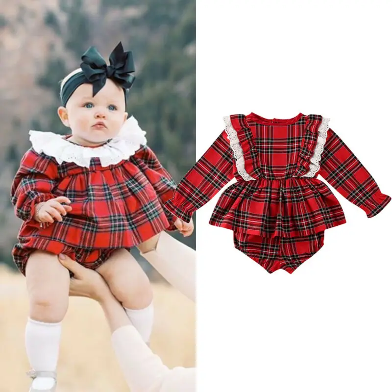 PUDCOCO  Christmas Newborn Baby Girl Plaid Clothes Ruffle Romper Jumpsuit Dress Shorts Pants Outfit 0-24M