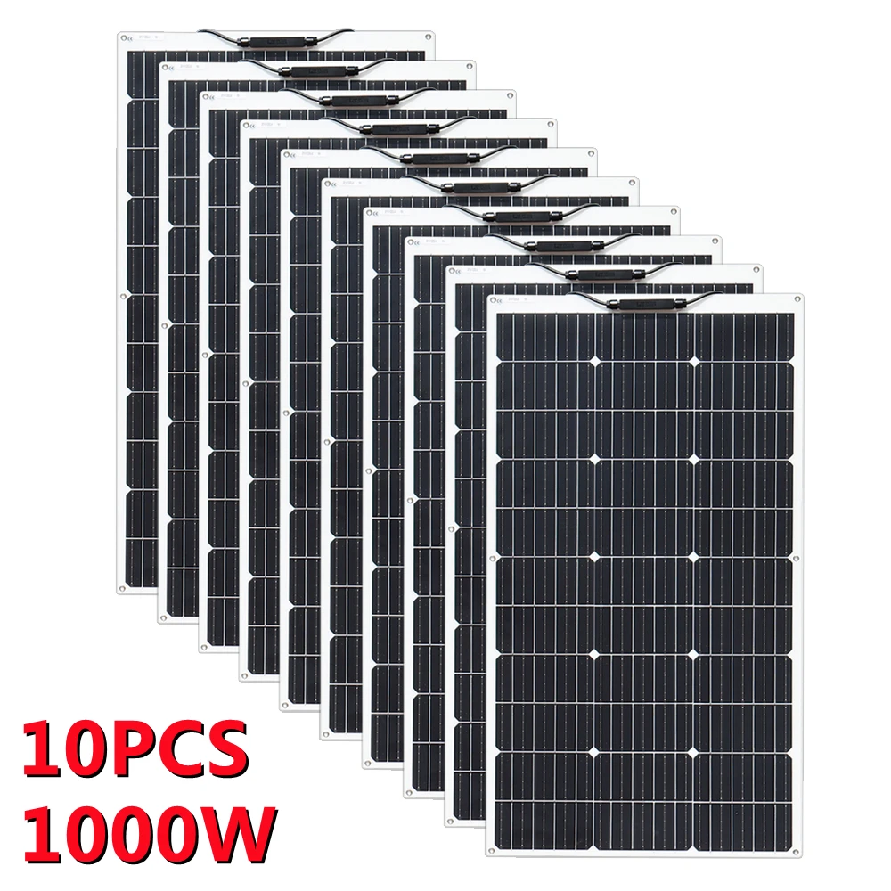 Panel Solar Flexible monocristalino, células solares de 1000W, 1 ~ 10 piezas, módulo PV de 100 Watt, 12V, 24V, sistema fotovoltaico fuera de la red, 200w, 300w placa solar 12v para cargar bateria camping equipment