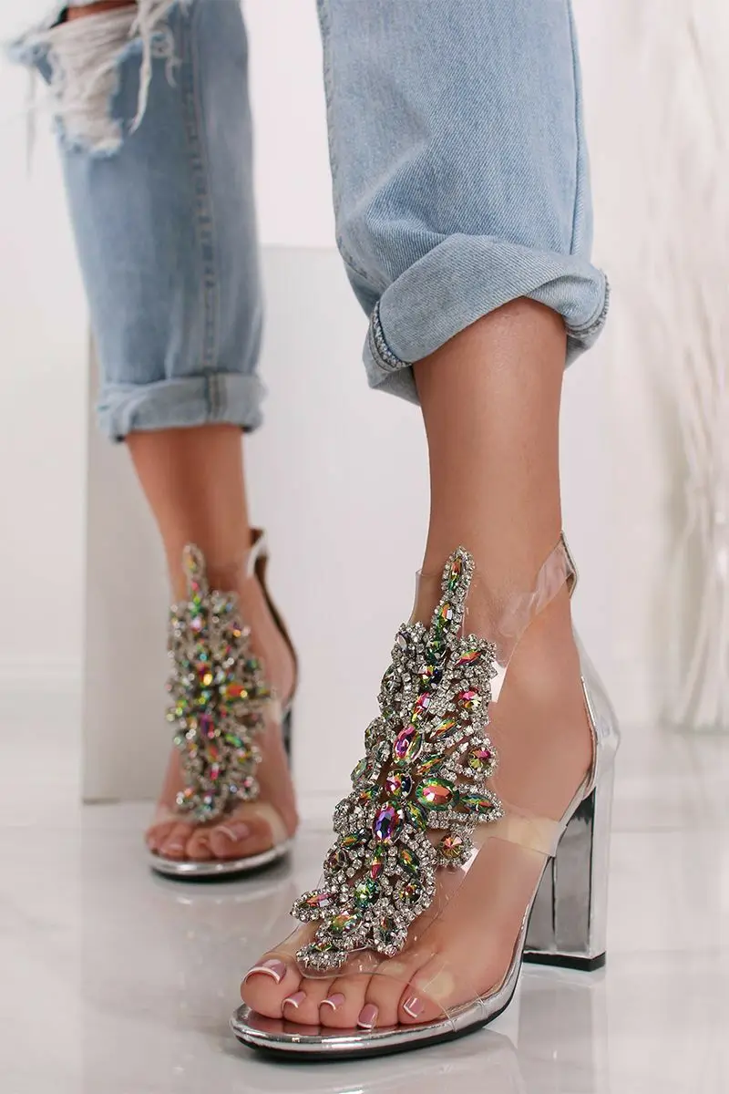 Shining Rhinestone Clear Pvc Sandals Chunky High Heels Open Toe Intrigue Leather Transparent Strap Crystal Summer Party Shoes