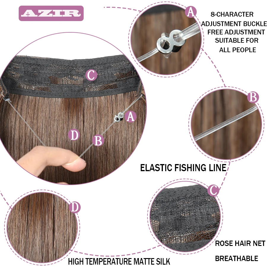 AZIR Natural Synthetic Halo Hair Extensions No Clip In Artificial Fake Ombre Blonde Brown Black Wavy False Hair Piece