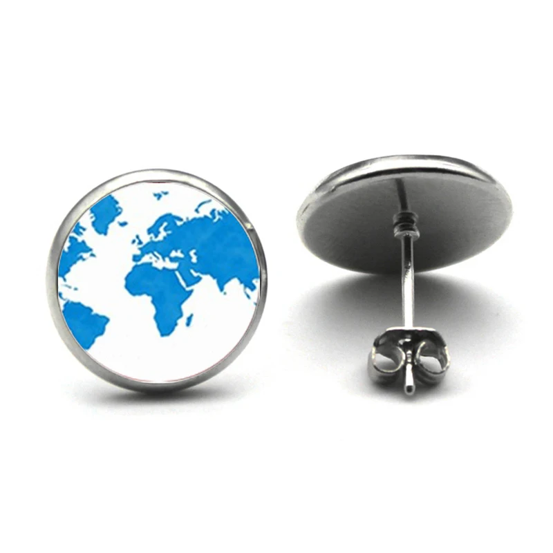 Retro World Earth Studs Earrings World Map Glass Earrings Globe Jewelry World Earth World Travel Stud Earrings for Woman Men